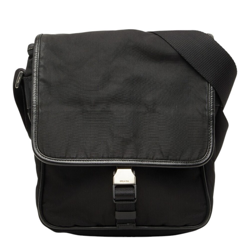 Prada Triangle Plate Crossbody Bag Black Leather